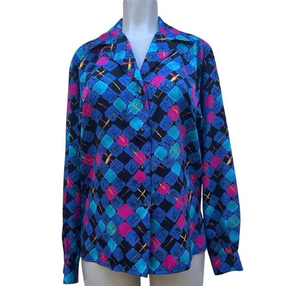 Vintage 80s Ancora Button-up Blouse Women's XL Multicolor Geometric Abstract - Picture 2 of 15